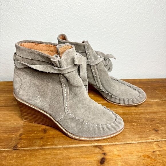 Anthropologie Matiko taupe suede leather tie wedge boots size 38 - Picture 11 of 11